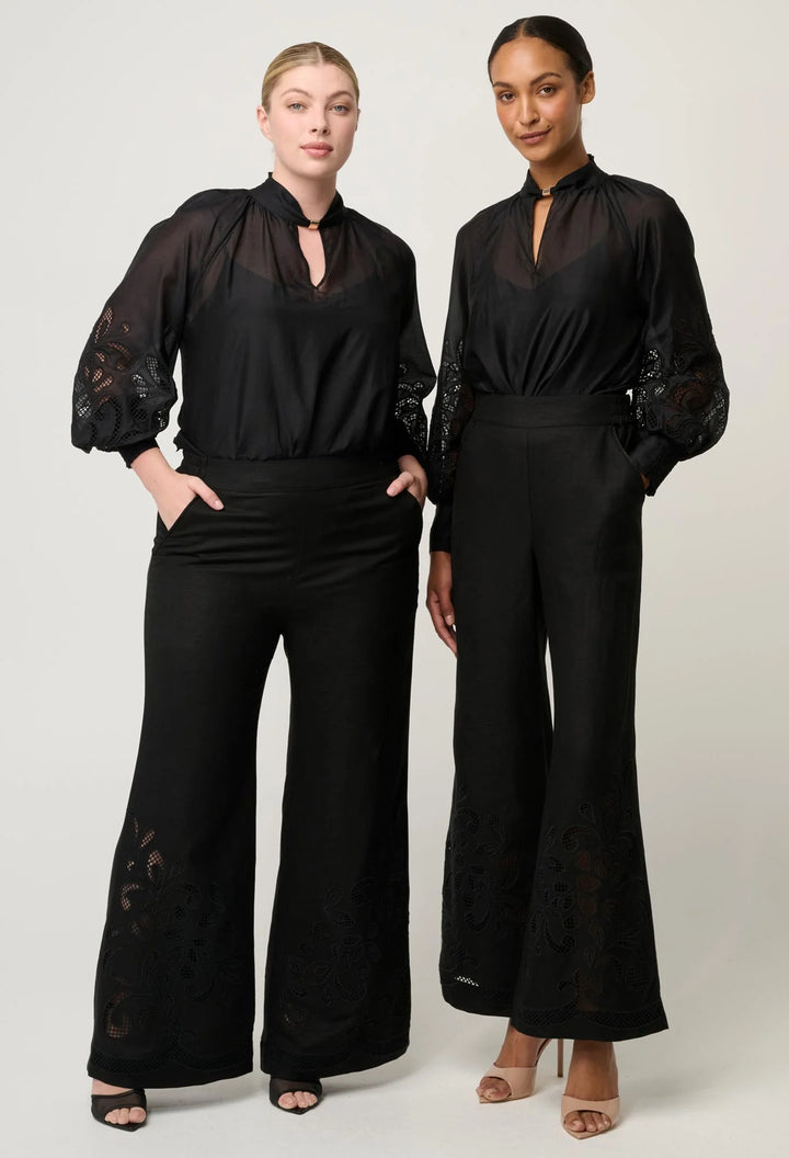 OnceWas Rhea Linen Viscose Embroided Pant - Black - Shop 9