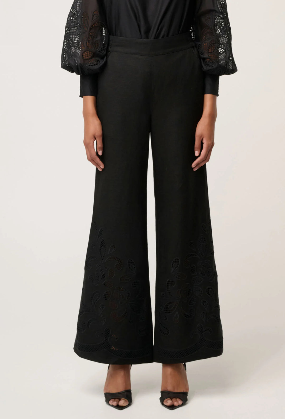 OnceWas Rhea Linen Viscose Embroided Pant - Black - Shop 9