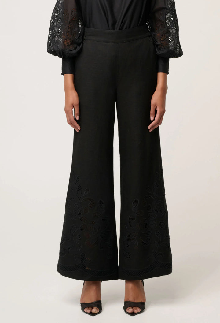OnceWas Rhea Linen Viscose Embroided Pant - Black - Shop 9