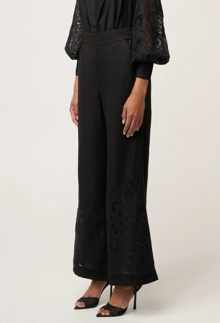 OnceWas Rhea Linen Viscose Embroided Pant - Black - Shop 9