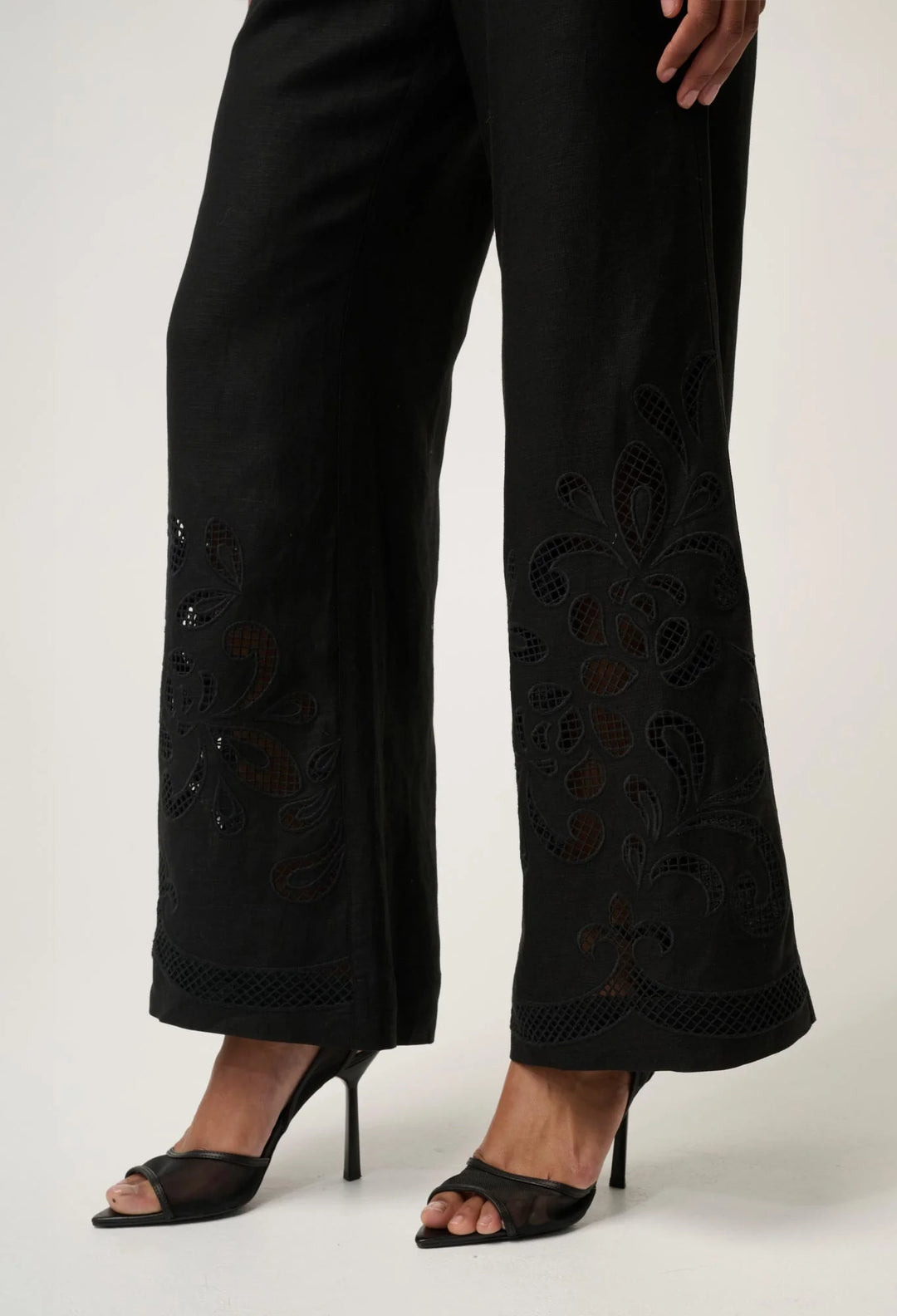OnceWas Rhea Linen Viscose Embroided Pant - Black - Shop 9