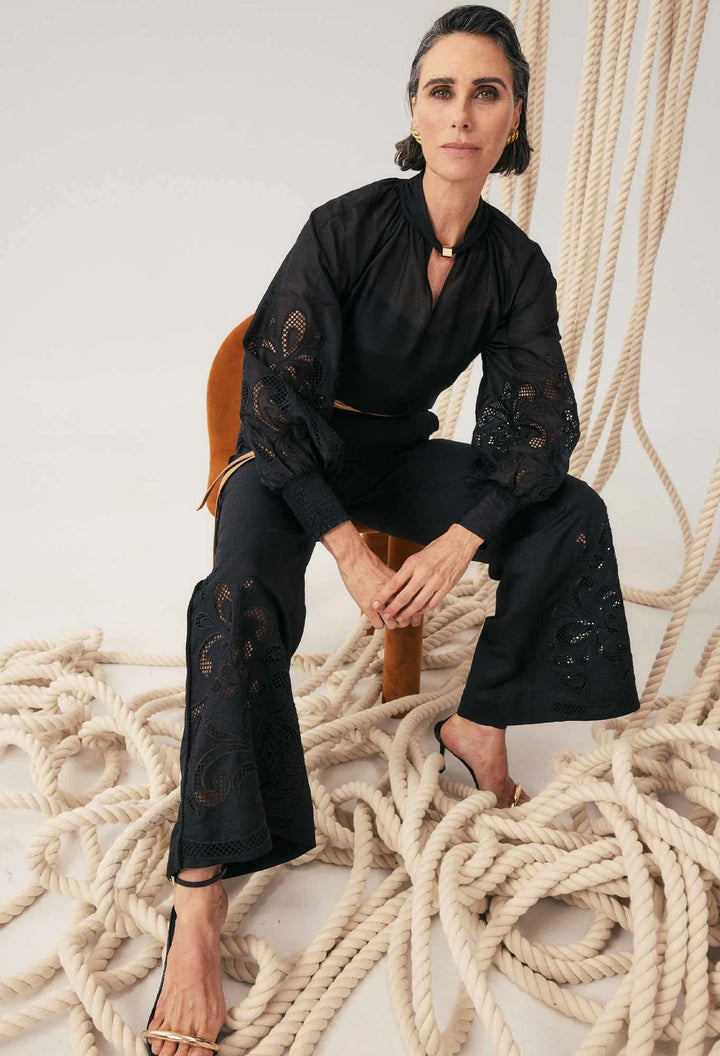 OnceWas Rhea Linen Viscose Embroided Pant - Black - Shop 9
