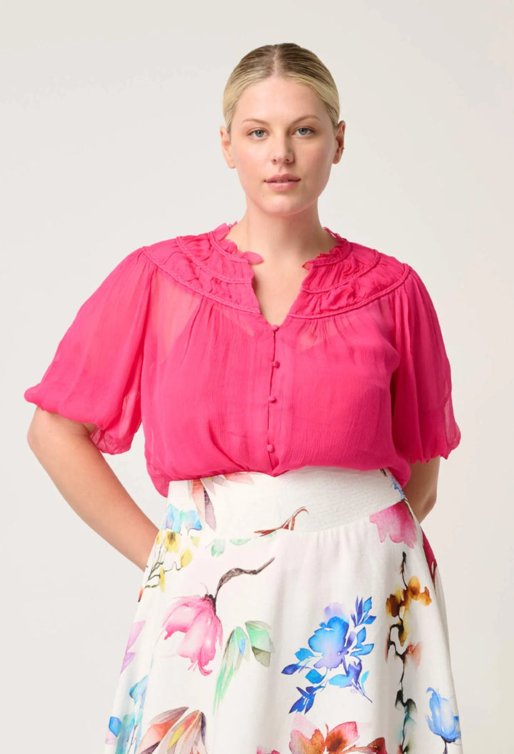 OnceWas Selini Braided Neck Viscose Chiffon Blouse - Celosia Pink - Shop 9