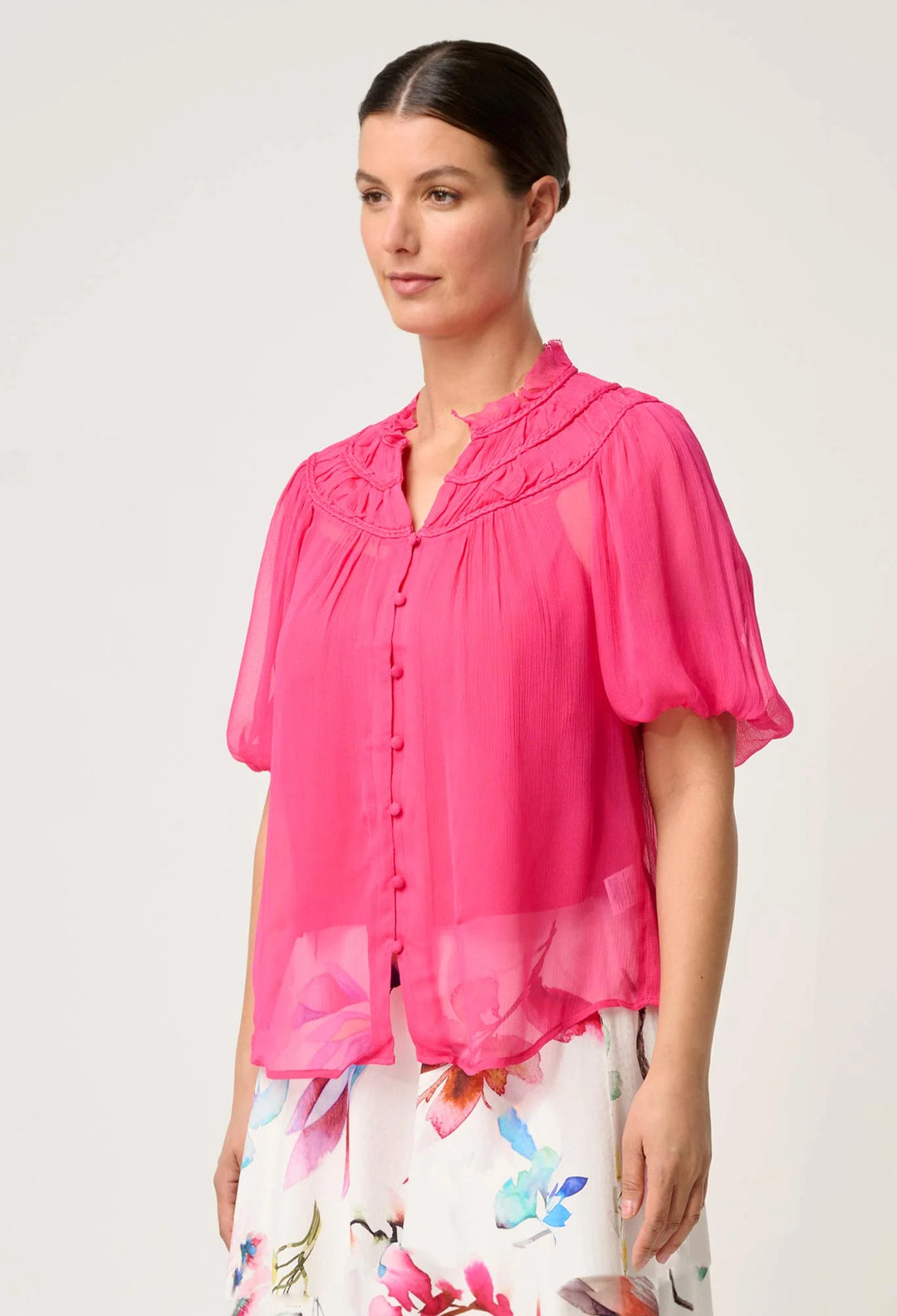 OnceWas Selini Braided Neck Viscose Chiffon Blouse - Celosia Pink - Shop 9