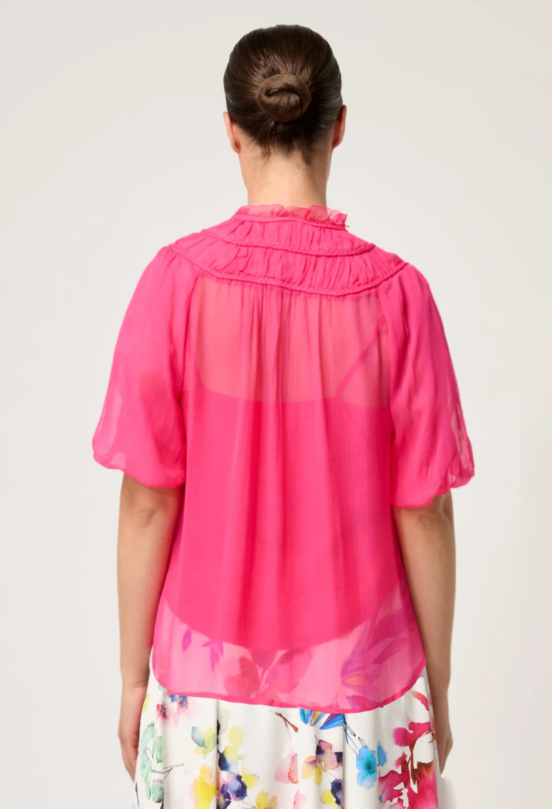 OnceWas Selini Braided Neck Viscose Chiffon Blouse - Celosia Pink - Shop 9