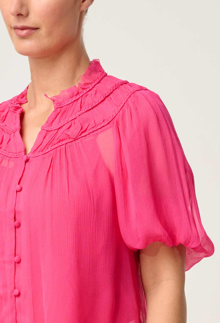 OnceWas Selini Braided Neck Viscose Chiffon Blouse - Celosia Pink - Shop 9