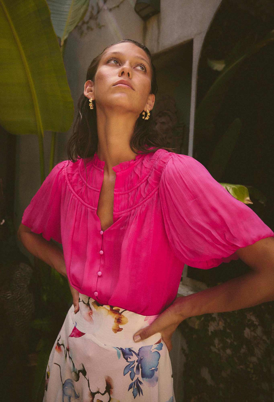 OnceWas Selini Braided Neck Viscose Chiffon Blouse - Celosia Pink - Shop 9