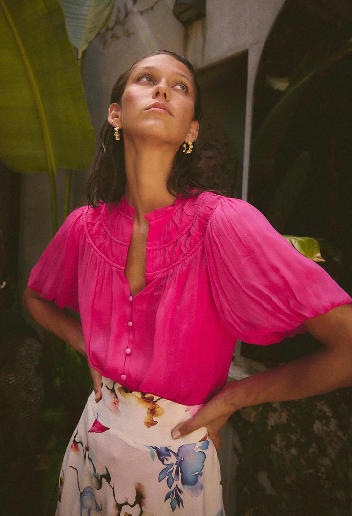 OnceWas Selini Braided Neck Viscose Chiffon Blouse - Celosia Pink - Shop 9