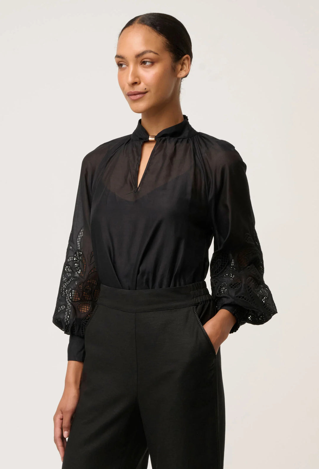 OnceWas Simona Cotton Silk Embroided Blouse - Black - Shop 9
