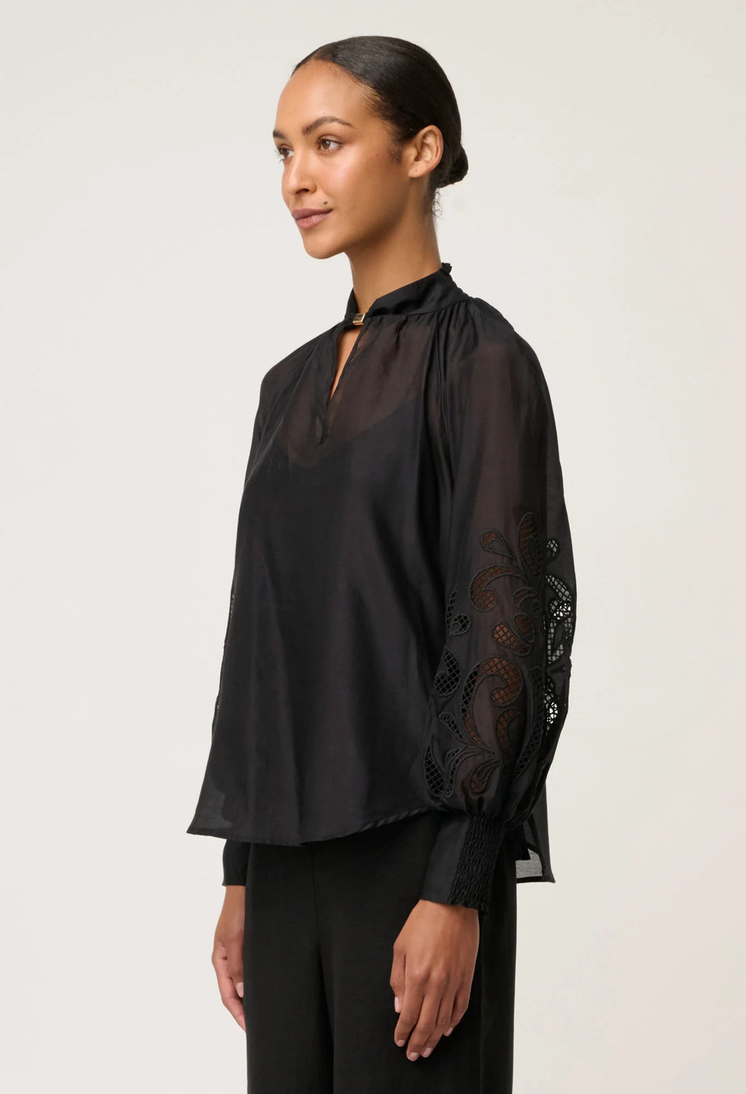 OnceWas Simona Cotton Silk Embroided Blouse - Black - Shop 9