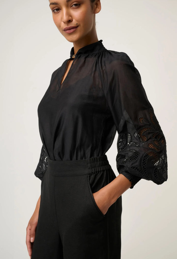 OnceWas Simona Cotton Silk Embroided Blouse - Black - Shop 9