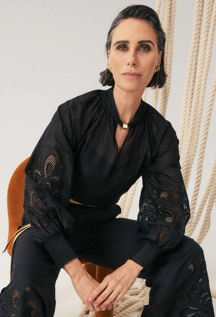 OnceWas Simona Cotton Silk Embroided Blouse - Black - Shop 9