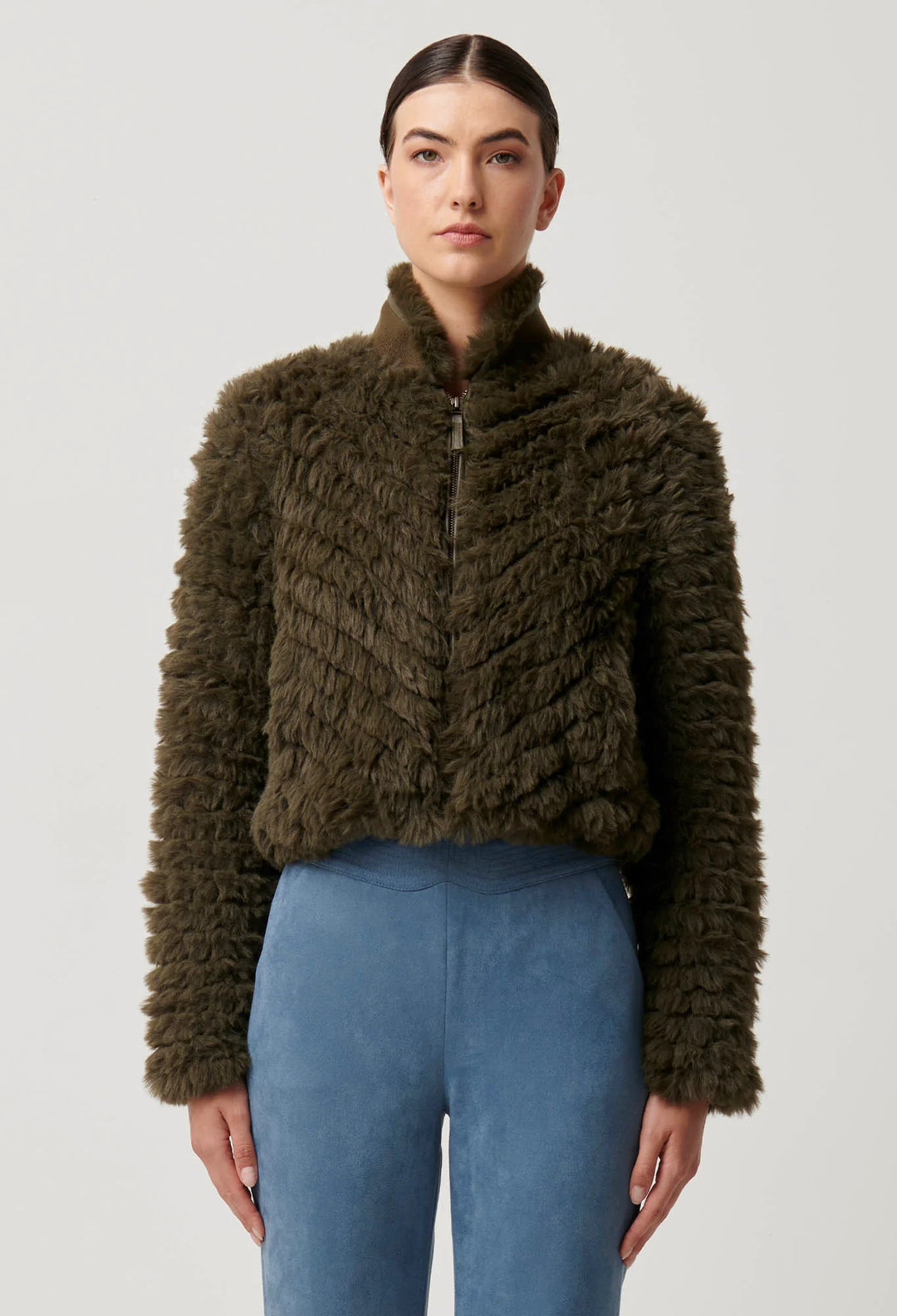 OnceWas Sybil Chevron Faux Fur Bomber - Moss - Shop 9