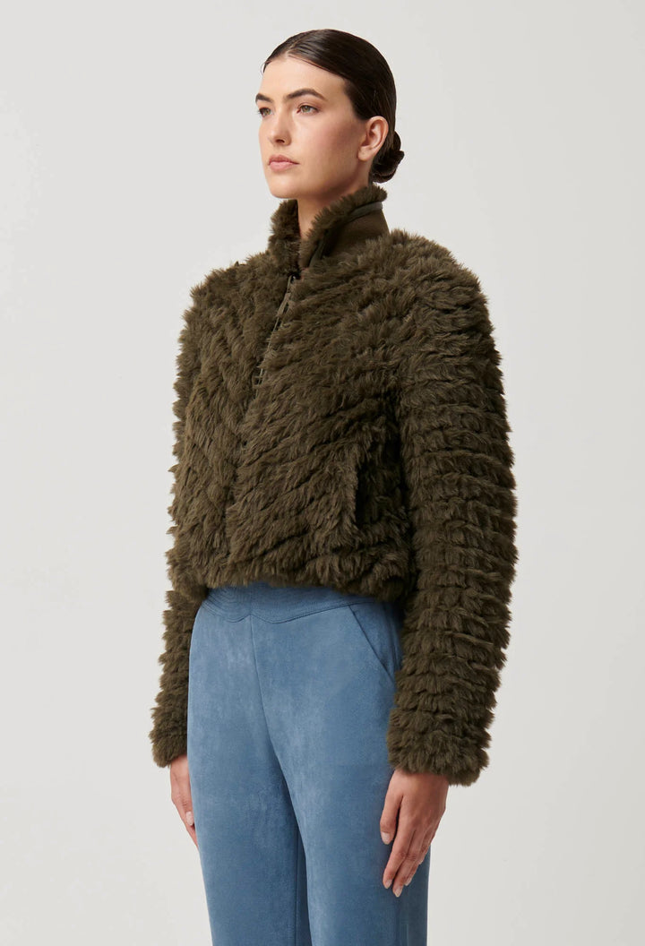 OnceWas Sybil Chevron Faux Fur Bomber - Moss - Shop 9