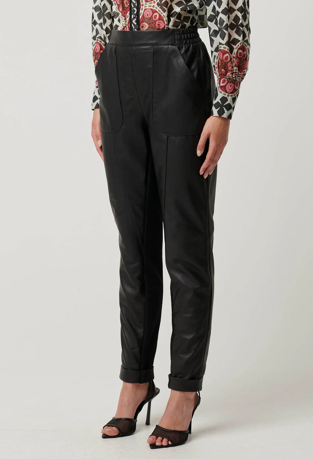 OnceWas Sylvan Leather Curved Panel Jogger in Black. - Shop 9