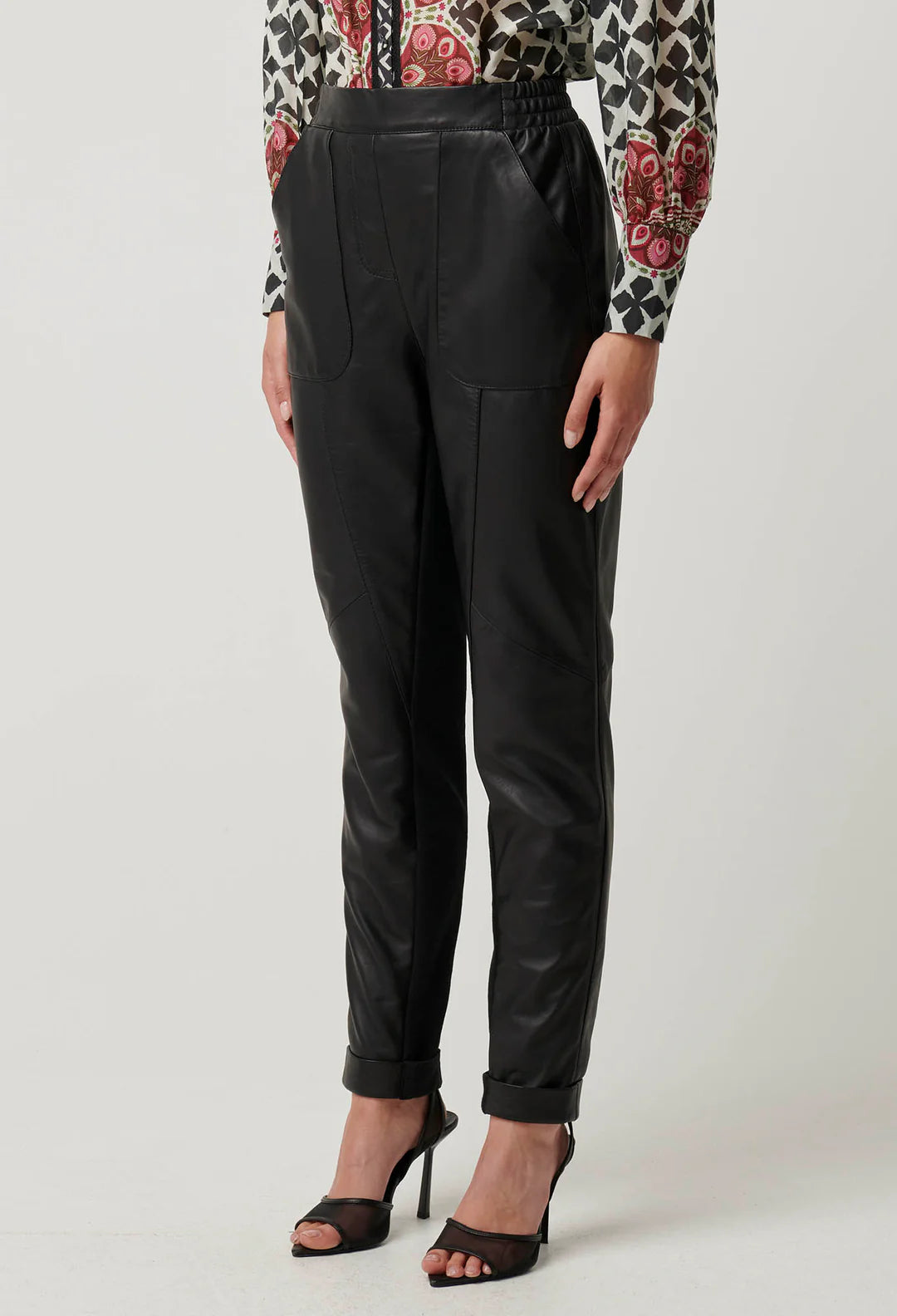 OnceWas Sylvan Leather Curved Panel Jogger in Black. - Shop 9