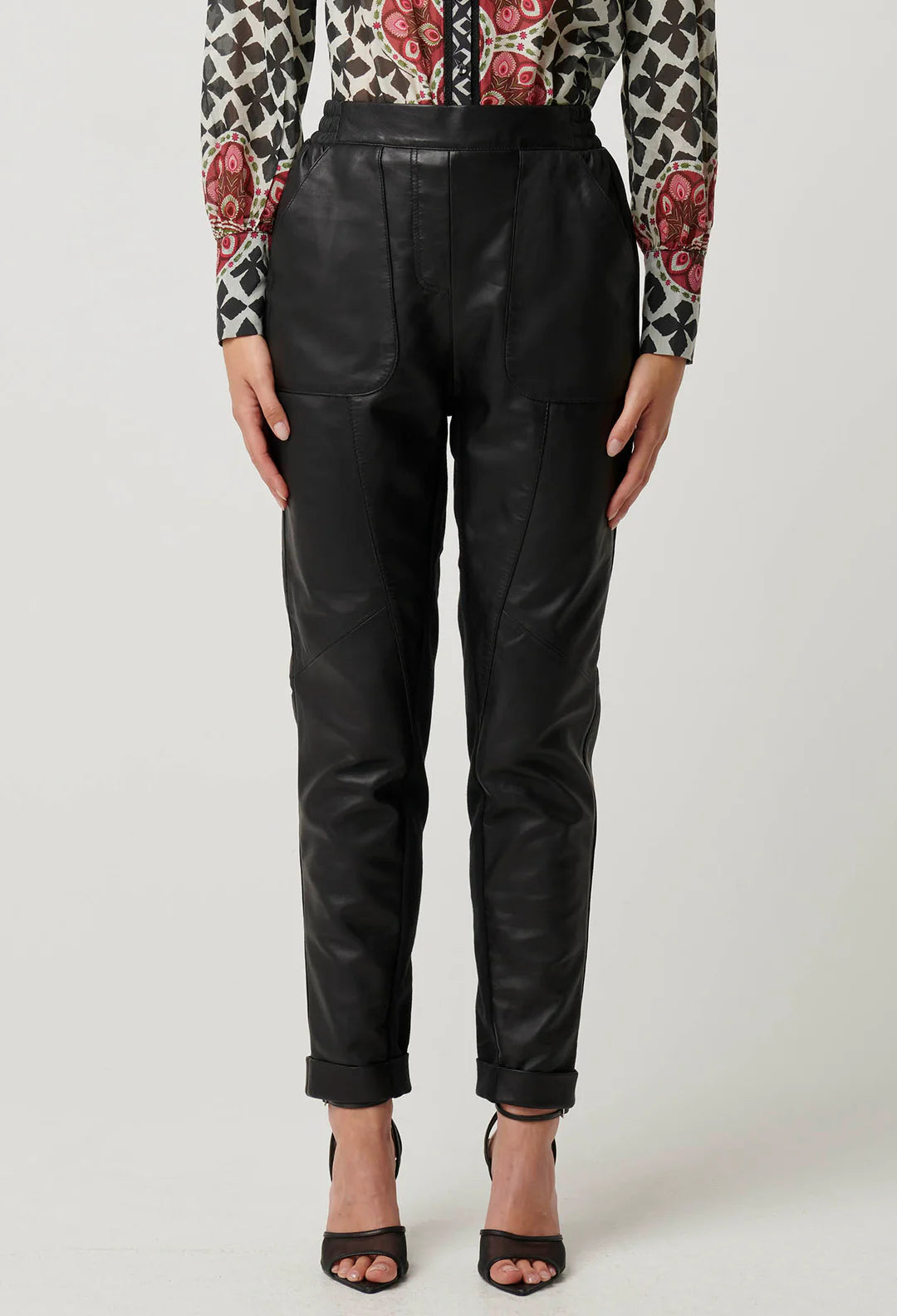 OnceWas Sylvan Leather Curved Panel Jogger in Black. - Shop 9