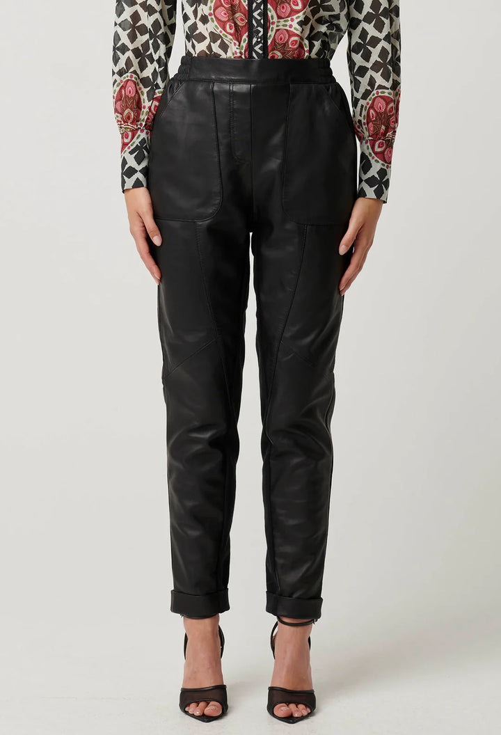 OnceWas Sylvan Leather Curved Panel Jogger in Black. - Shop 9