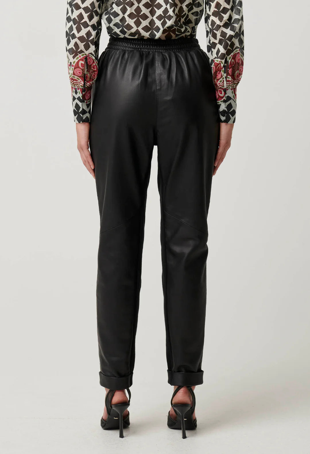 OnceWas Sylvan Leather Curved Panel Jogger in Black. - Shop 9