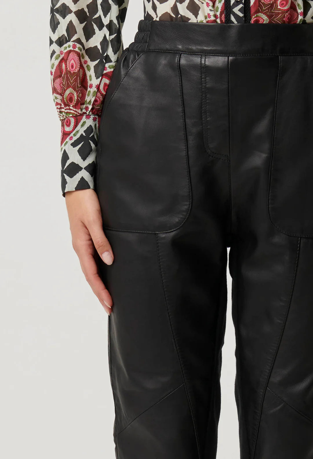 OnceWas Sylvan Leather Curved Panel Jogger in Black. - Shop 9