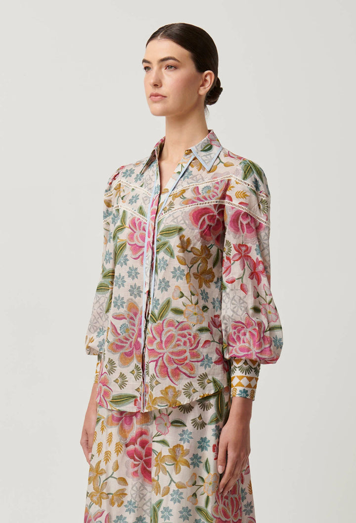 OnceWas Wren Lace Cotton Slub Shirt - Azalea Fields - Shop 9