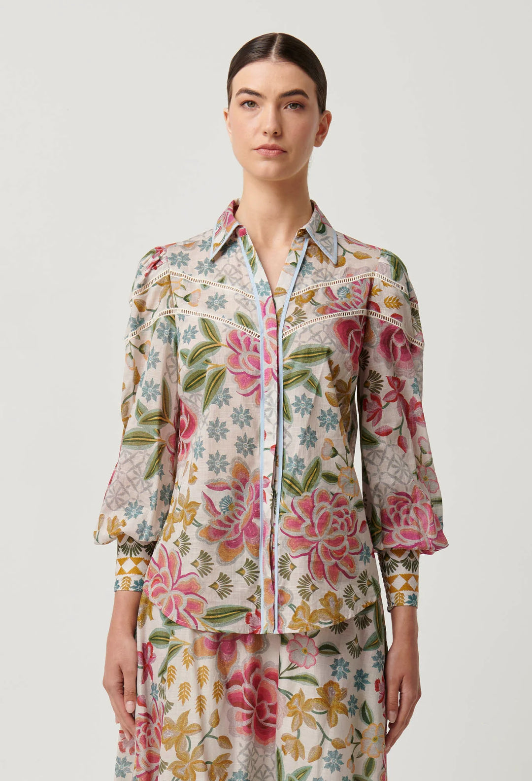 OnceWas Wren Lace Cotton Slub Shirt - Azalea Fields - Shop 9