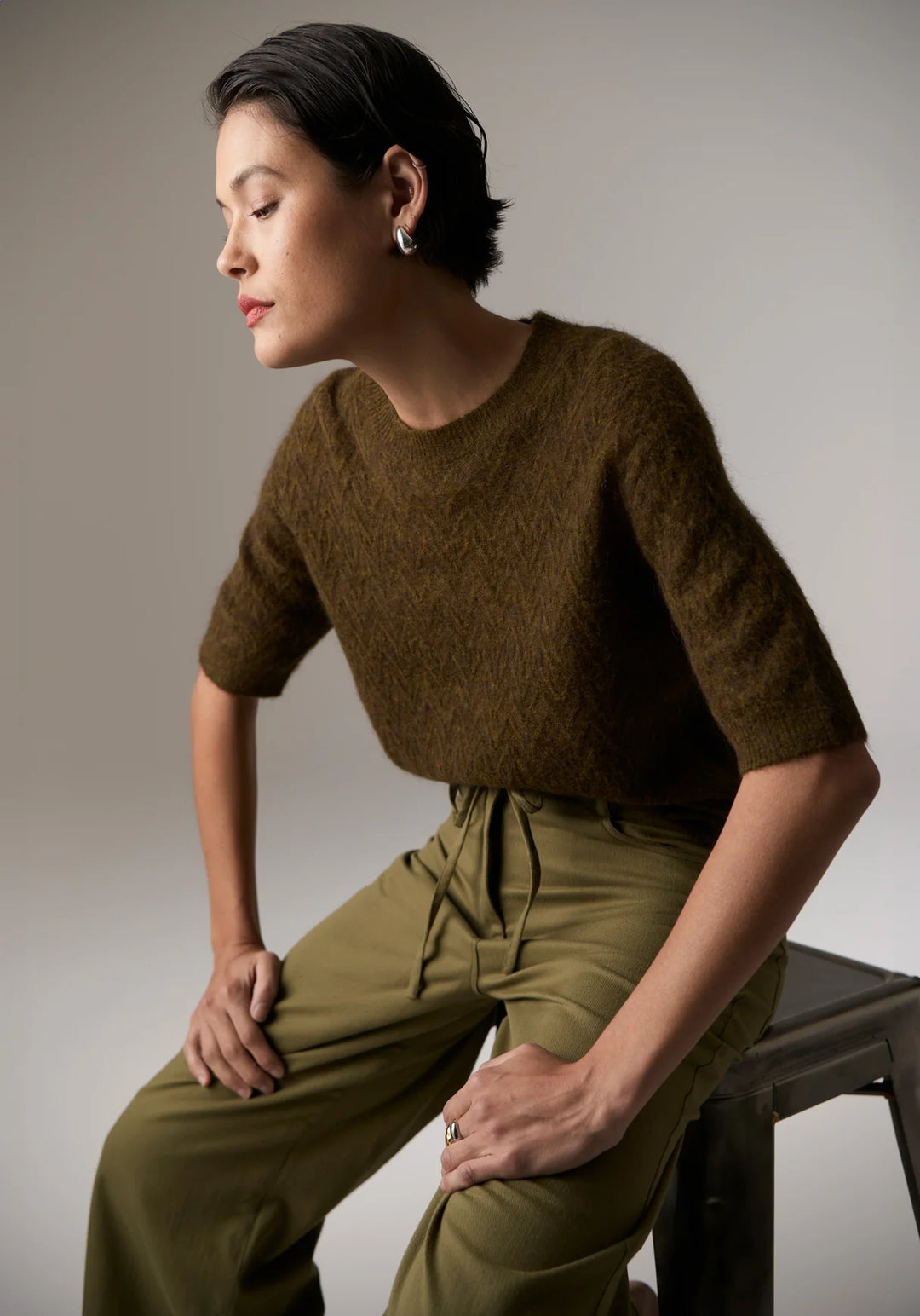 Pol Astrid Tee Pointelle - Khaki - Shop 9