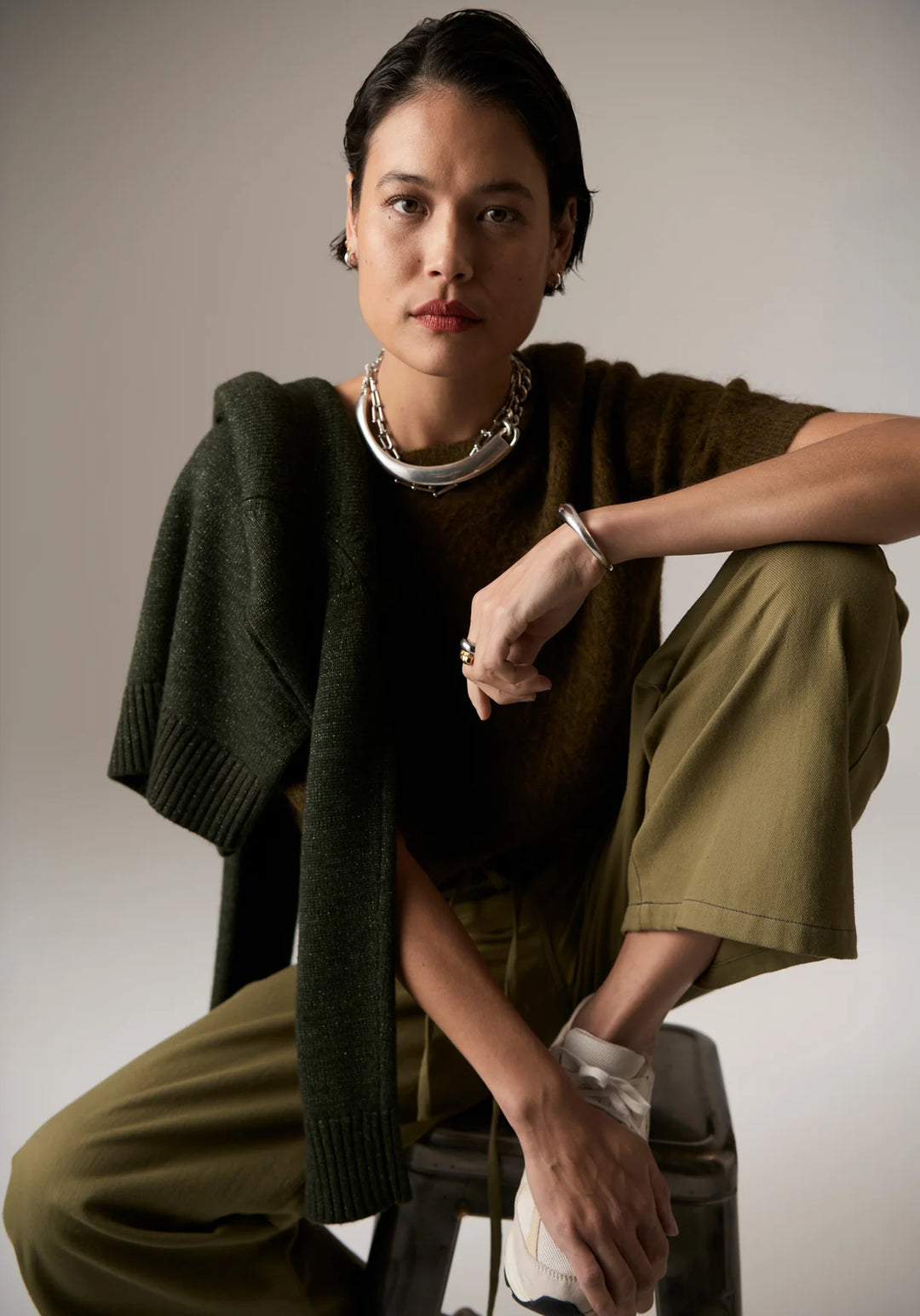 Pol Astrid Tee Pointelle - Khaki - Shop 9