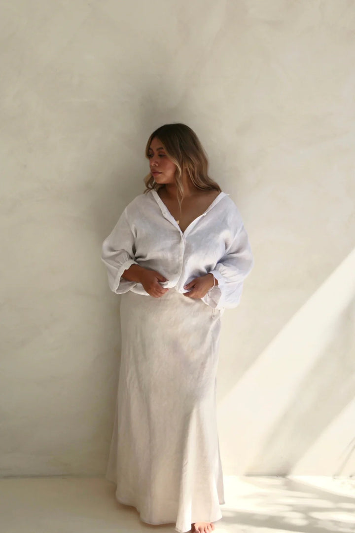 RE:UNION Label Lagos Natural Linen Floaty Bias Cut Maxi Skirt - Shop 9