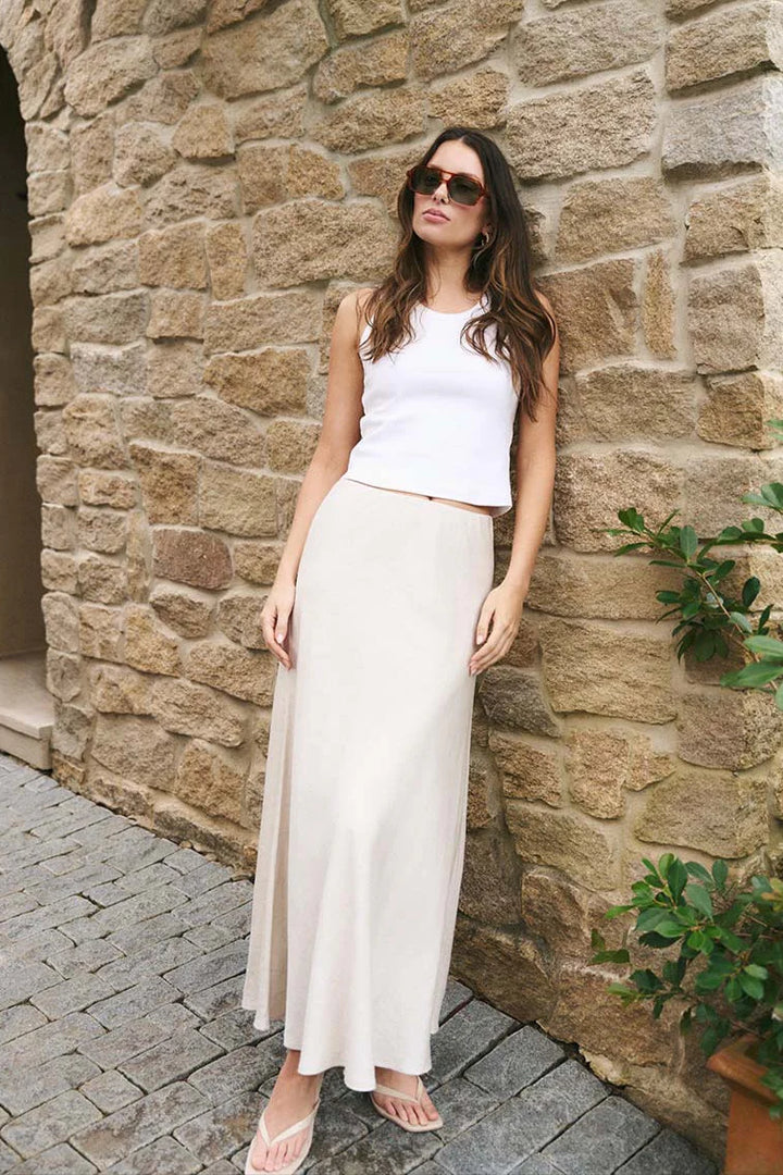 RE:UNION Label Lagos Natural Linen Floaty Bias Cut Maxi Skirt - Shop 9
