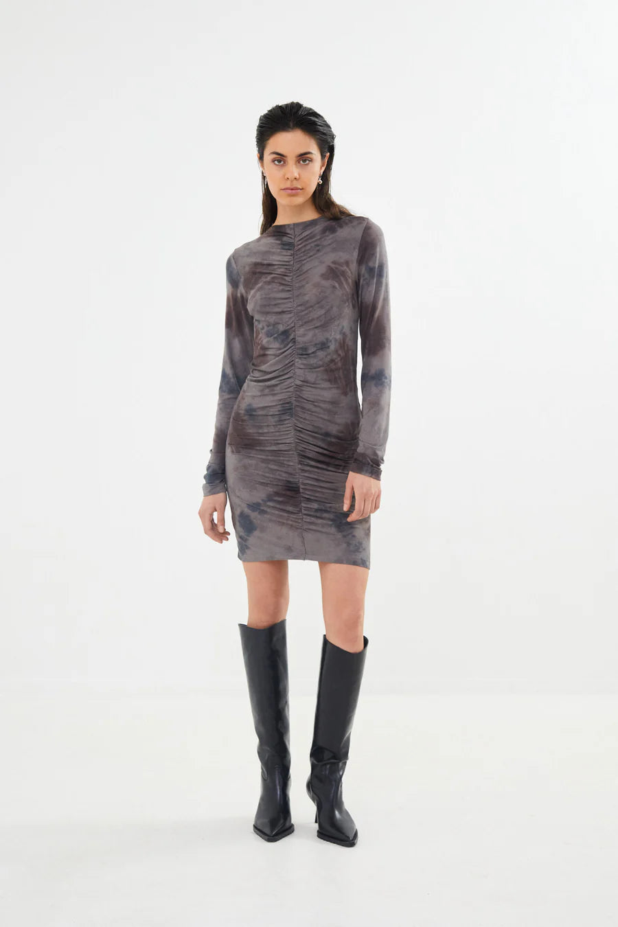 Rabens Saloner Isi Mixture Gather Short Dress - Asphalt - Shop 9