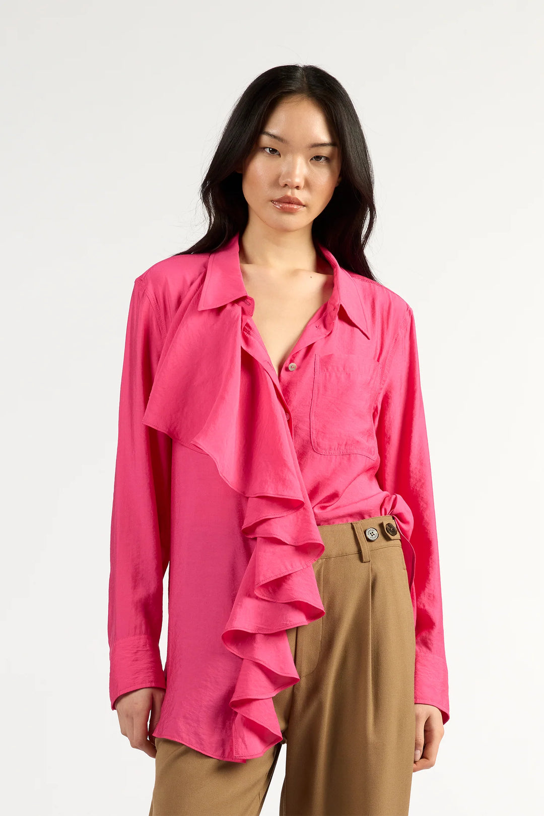 Tuesday Label Drape Frill Shirt - Magenta
