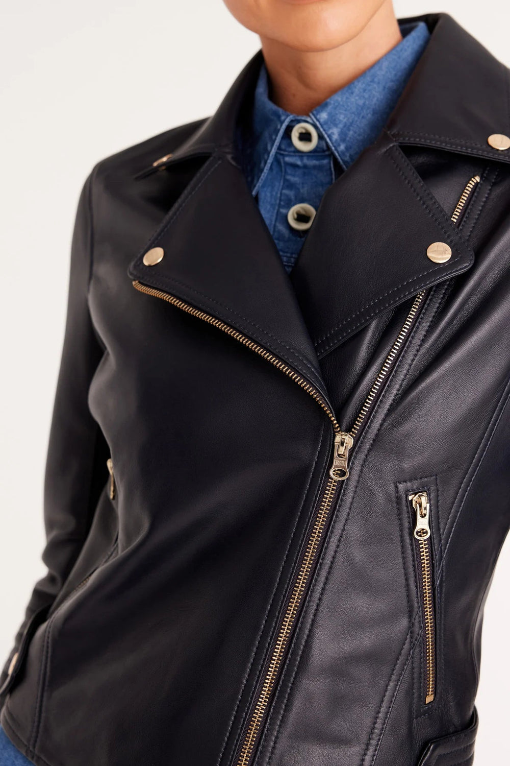 Cable Melbourne Smith Leather Biker Jacket - Navy - Shop 9