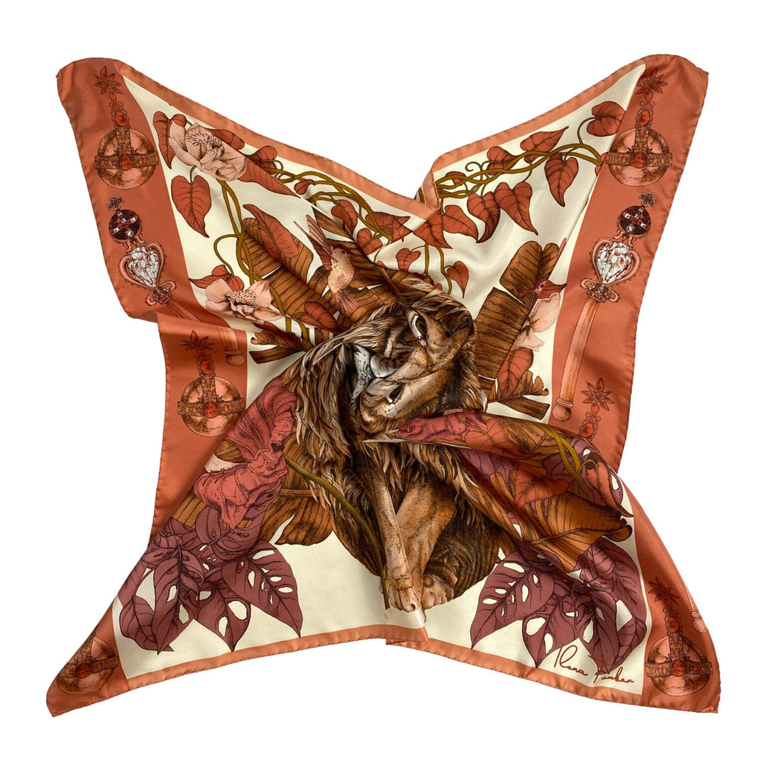 Ilona Tambor Mysterious Lion King Silk Scarf Terracotta - Shop 9