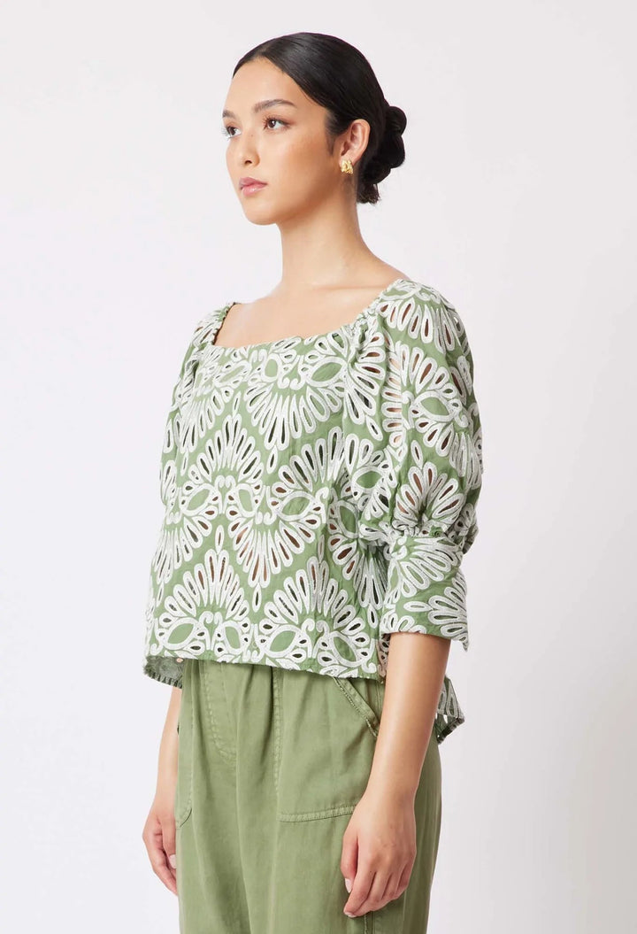 Once Was Awaken Embroidered Cotton Top - Sage - Shop 9