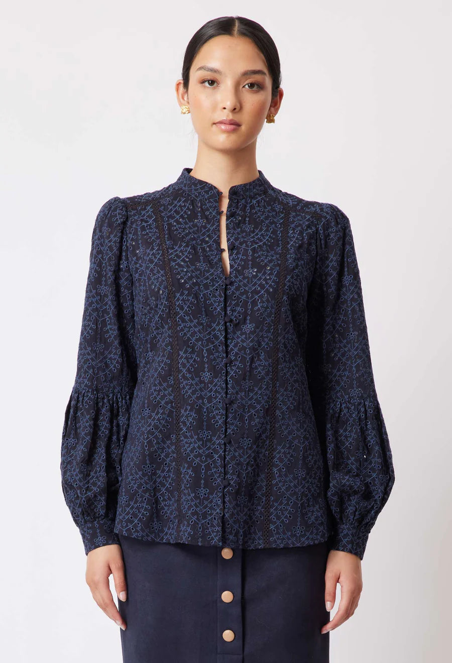 Once Was Hutton Broderie Viscose Blouse Navy - Shop 9