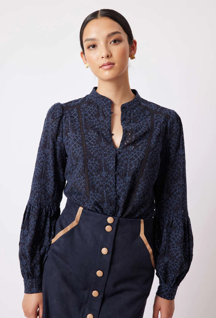 Once Was Hutton Broderie Viscose Blouse Navy - Shop 9